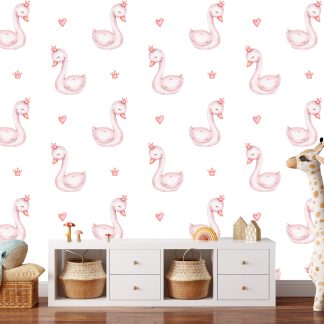 Pink Swans Nursery Wallpaper Peel and Stick 10'h x 24''w