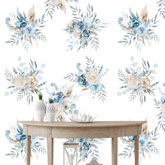 Gold and Blue Florals Wallpaper Peel and Stick 10'h x 24''w