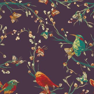 Mauve Vintage Floral with Birds Removable Wallpaper