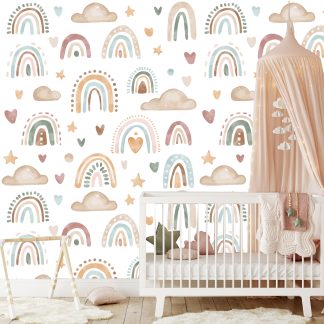Cute Boho Rainbows and Clouds Wallpaper Peel and Stick 10'h x 24''w
