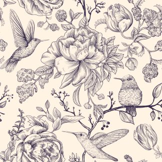 Vintage Peonies with Summer Birds Wallpaper