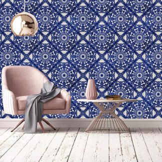 Blue Damask Removable Wallpaper . Peel and Stick Home Decor