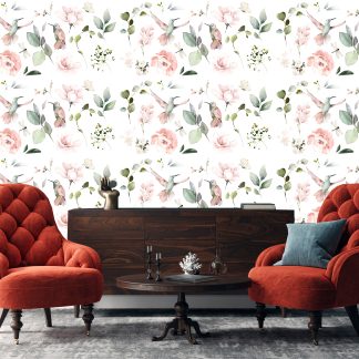 Wagtail Birds and Peonies 10' L x 24" W Peel and Stick Wallpaper Roll
